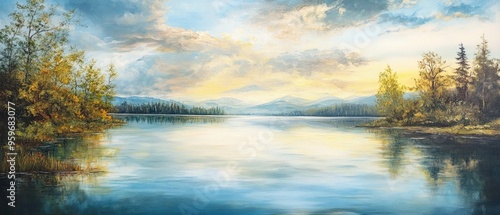 Oil painting depicting a serene lakeside view with calm waters and surrounding landscape