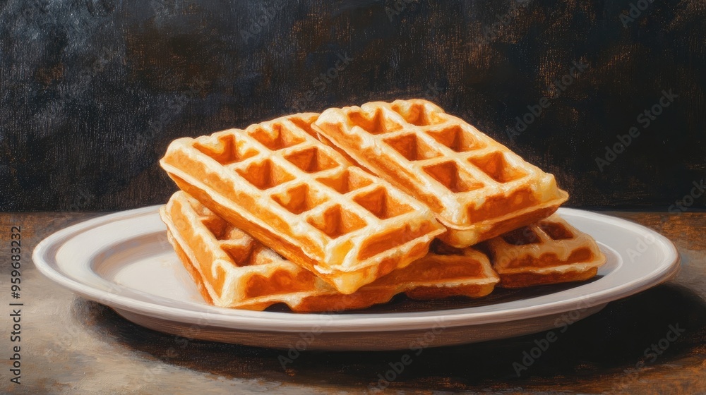 Oil painting depicting delectable crispy rectangular waffles on a ceramic plate against a dark concrete backdrop Oil painting depicting delectable crispy rectangular waffles on a ceramic plate against a dark concrete backdrop