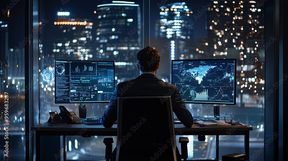 A focused analyst reviews data on dual screens at a sleek workstation, immersed in decision-making within a contemporary digital environment. A focused analyst reviews data on dual screens at a sleek workstation, immersed in decision-making within a contemporary digital environment.