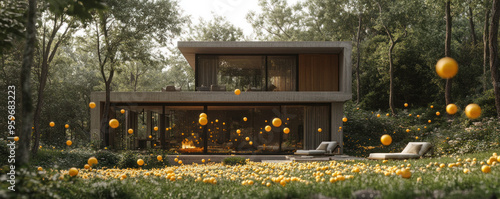 A house with a large glass window and a balcony. The house is surrounded by a field of yellow flowers photo