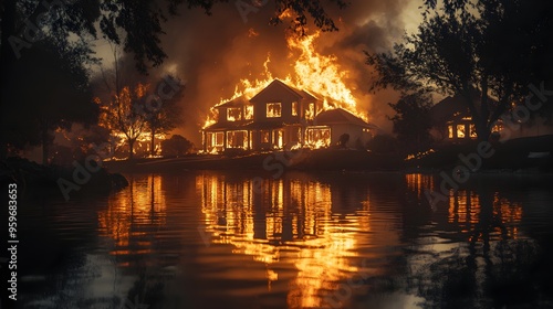 A blazing inferno consuming a suburban home during a power outage, fire reflecting on nearby trees, dark shadows cast by the flames