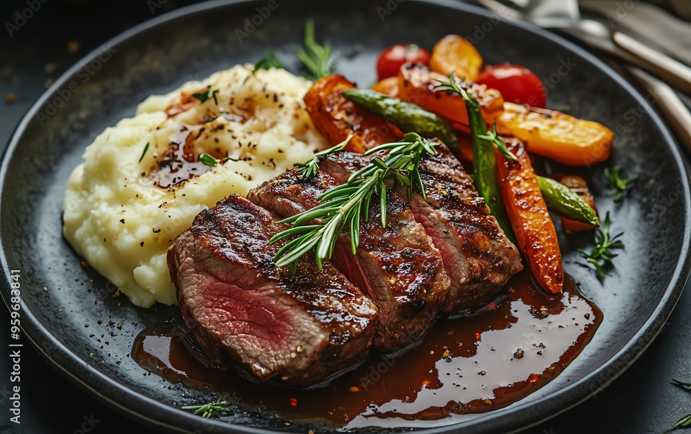 Plate of perfectly cooked, seasoned meat with creamy mashed potatoes and roasted vegetables, elegantly presented Plate of perfectly cooked, seasoned meat with creamy mashed potatoes and roasted vegetables, elegantly presented