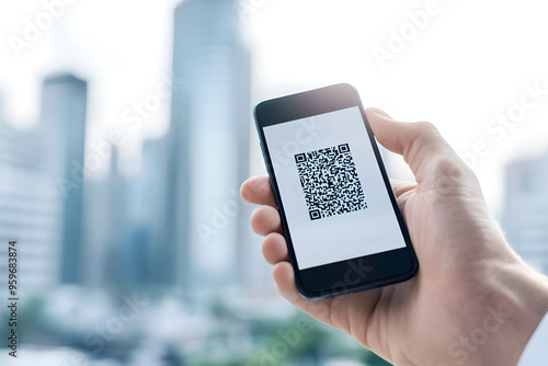 A hand holding a smartphone with a QR code on the screen, ready to make a contactless payment.