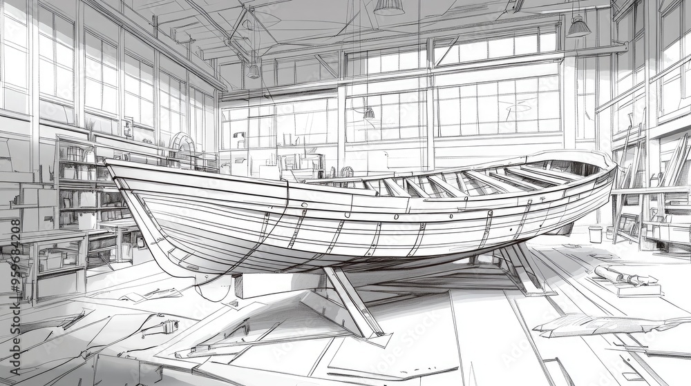 Line art illustration of a small wooden boat s structure showcasing timber components such as ribs keel bulkheads and longitudinal members in a boatyard setting Line art illustration of a small wooden boat s structure showcasing timber components such as ribs keel bulkheads and longitudinal members in a boatyard setting