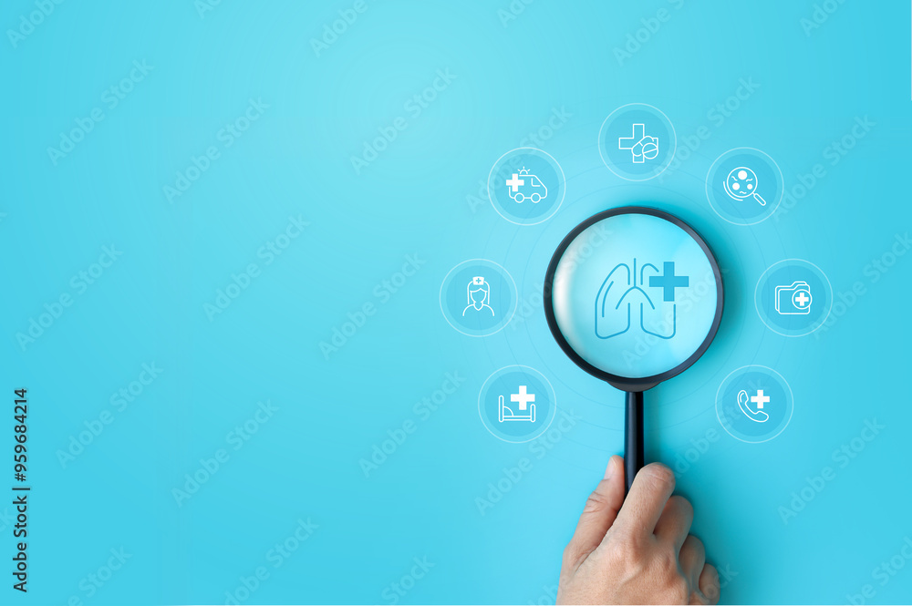 Hand holding magnifying glass focus plus and lungs icon to healthcare medical on blue background. health insurance concept and access to welfare. medical technology.