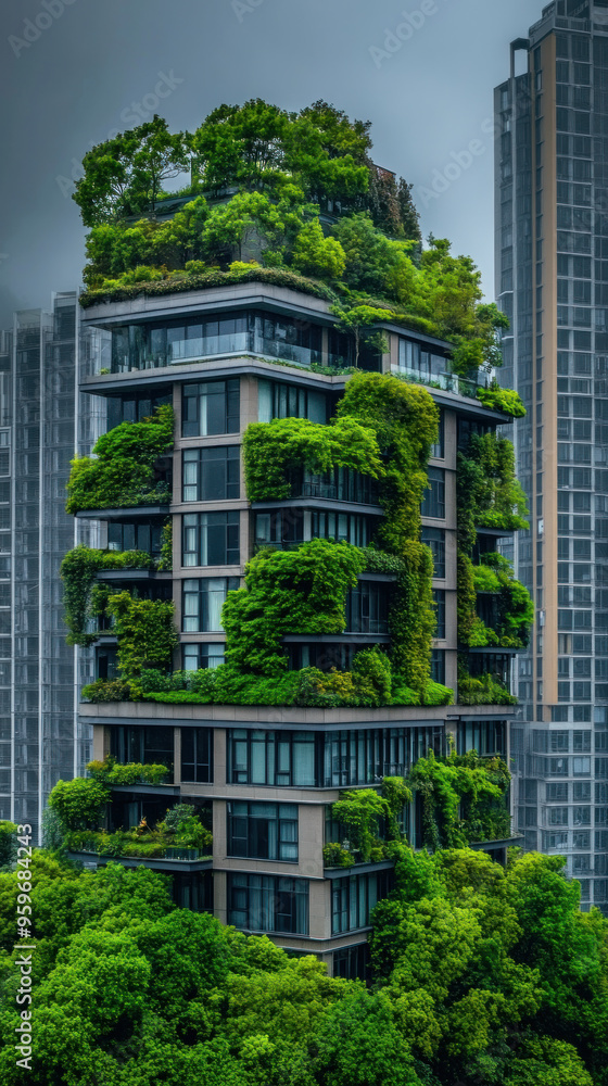 A tall building covered in green plants. The building is surrounded by trees and has a lush green appearance A tall building covered in green plants. The building is surrounded by trees and has a lush green appearance
