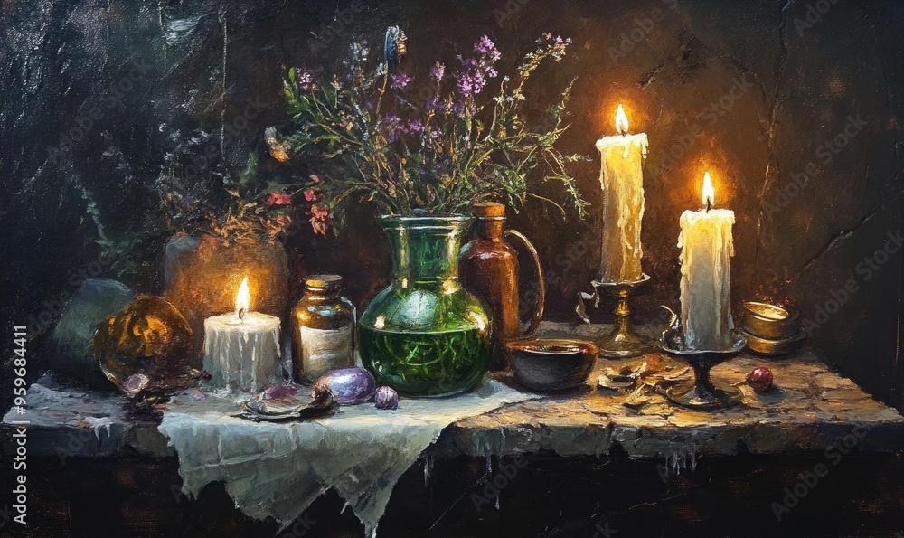 Oil painting depicting a witch s altar featuring magical items candles and elements of pagan or Wiccan practices emphasizing potent mystical themes Oil painting depicting a witch s altar featuring magical items candles and elements of pagan or Wiccan practices emphasizing potent mystical themes