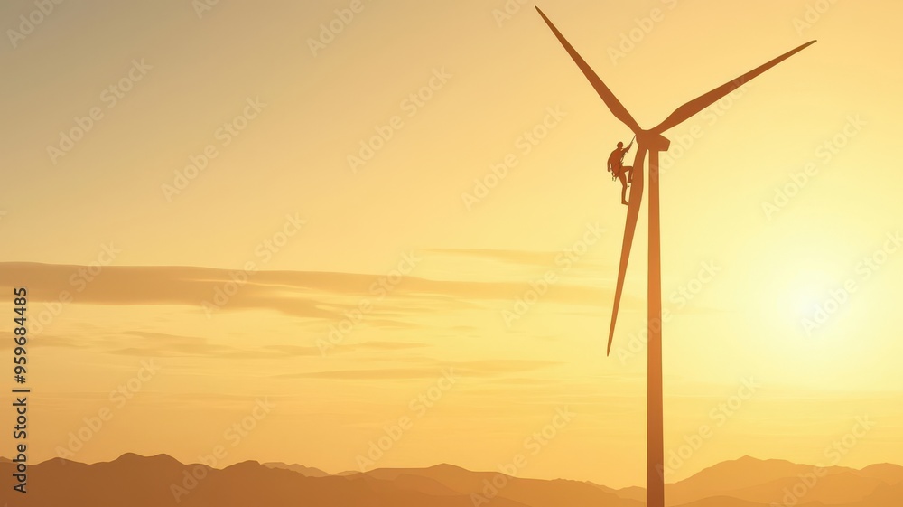 Obraz premium Technician climbing a wind turbine tower at sunrise, flat vector style, warm tones