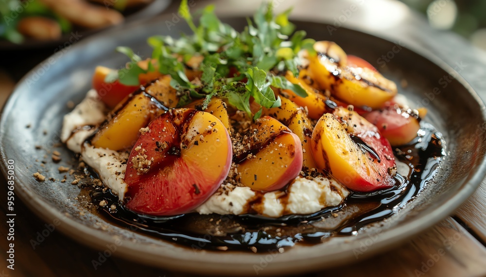 Savor a plate of whipped ricotta, roasted peaches, and pitta with a balsamic drizzle exquisite gourmet dish Savor a plate of whipped ricotta, roasted peaches, and pitta with a balsamic drizzle exquisite gourmet dish