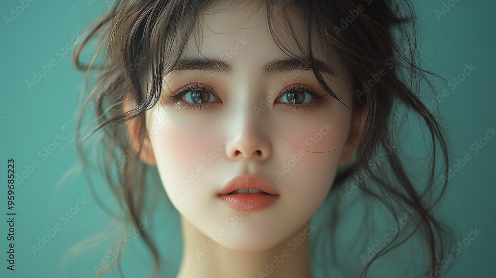 A Korean woman with soft features and wavy hair gazes with expressive eyes against a muted backdrop in a serene indoor setting A Korean woman with soft features and wavy hair gazes with expressive eyes against a muted backdrop in a serene indoor setting