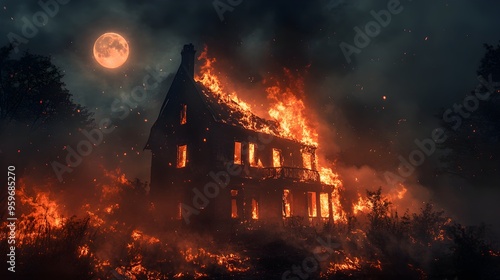 A burning house with the moon peeking through the smoky sky, casting a haunting glow on the scene