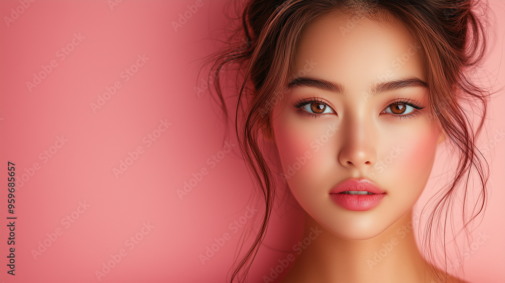 A young Korean woman poses against a vibrant pink background showcasing her radiant skin and natural beauty during a spring afternoon A young Korean woman poses against a vibrant pink background showcasing her radiant skin and natural beauty during a spring afternoon