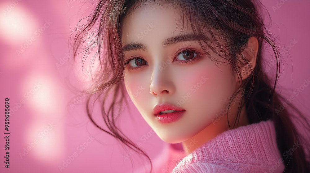 A serene portrait of a Korean woman with soft features, captured in a gentle pink light during a warm afternoon A serene portrait of a Korean woman with soft features, captured in a gentle pink light during a warm afternoon