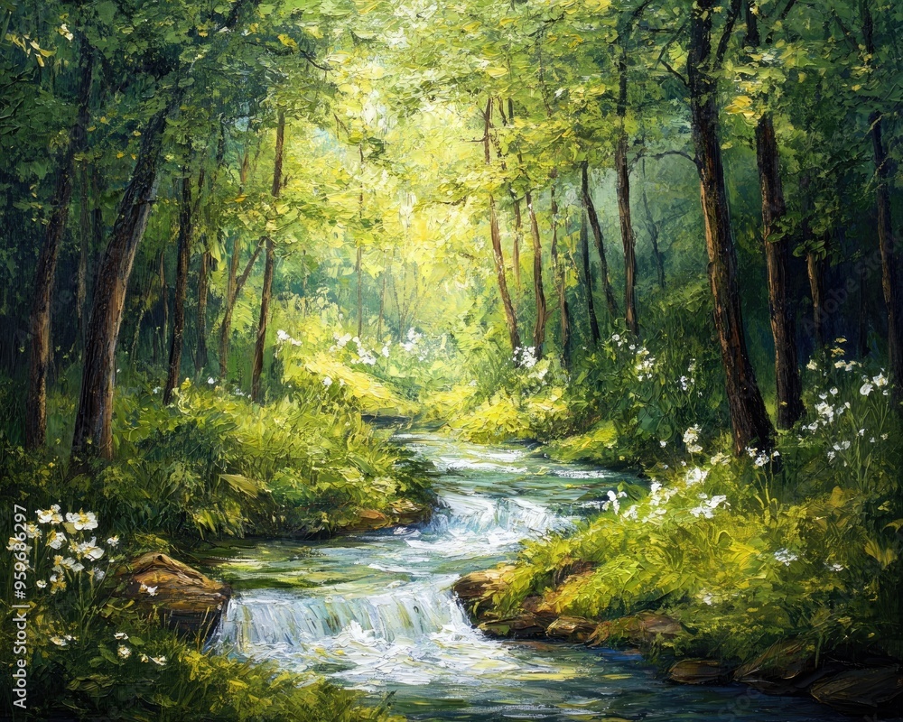 Oil painting depicting a lush green forest with a flowing stream illustrating the beauty of nature and environmental preservation Oil painting depicting a lush green forest with a flowing stream illustrating the beauty of nature and environmental preservation
