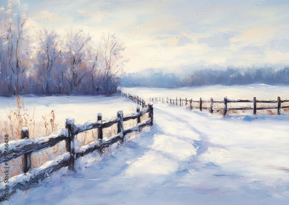 Winter landscape featuring a snow covered fence in a serene setting showcasing the beauty of a snowy scene captured in oil painting Winter landscape featuring a snow covered fence in a serene setting showcasing the beauty of a snowy scene captured in oil painting
