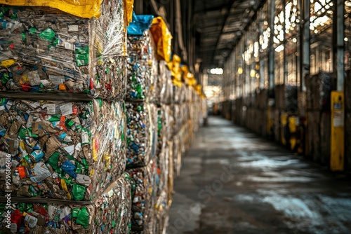 Stacked Bales of Recycled Plastic and Paper in a Warehouse