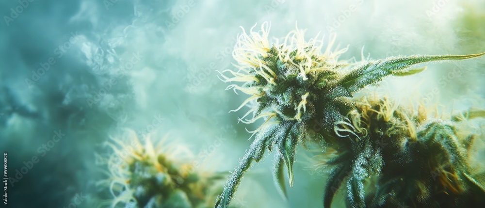 Abstract oil painting of a plant featuring soft focus close up of trichomes on a cannabis flower highlighting aspects of organic cultivation and macro photography Abstract oil painting of a plant featuring soft focus close up of trichomes on a cannabis flower highlighting aspects of organic cultivation and macro photography