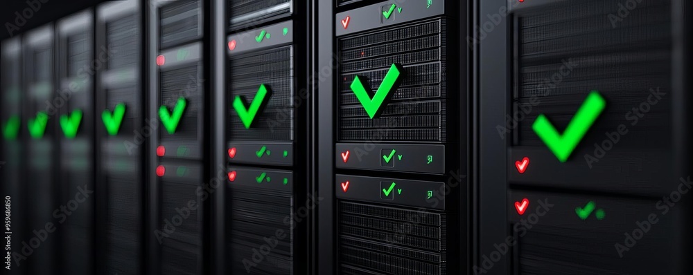 Cloud architecture with green checkmarks and red error icons, visualizing disaster recovery success and failures, IT monitoring