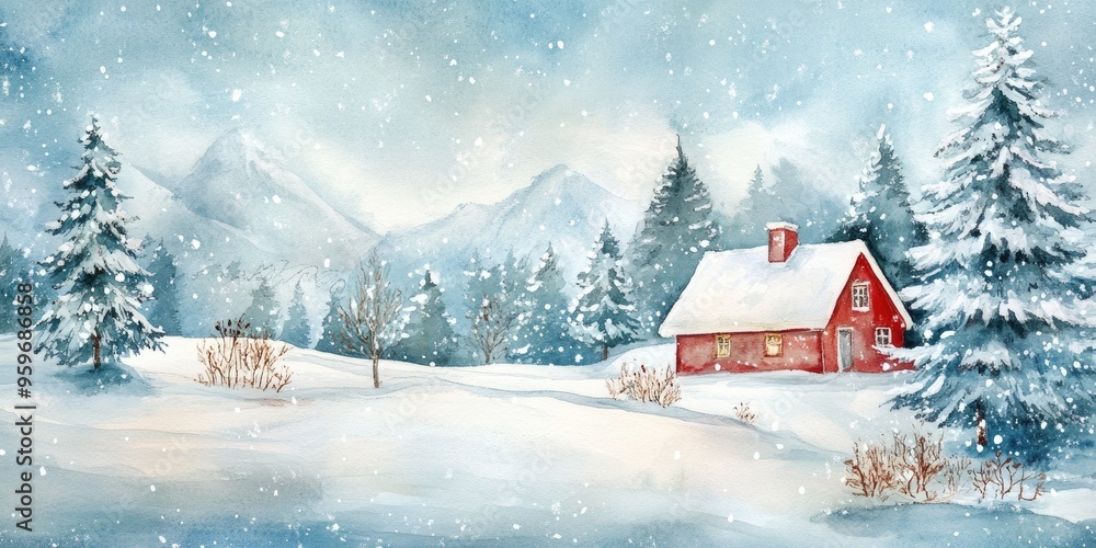 Enchanting Winter Landscape with a Cozy Cabin Surrounded by Snowy Pine Trees Enchanting Winter Landscape with a Cozy Cabin Surrounded by Snowy Pine Trees
