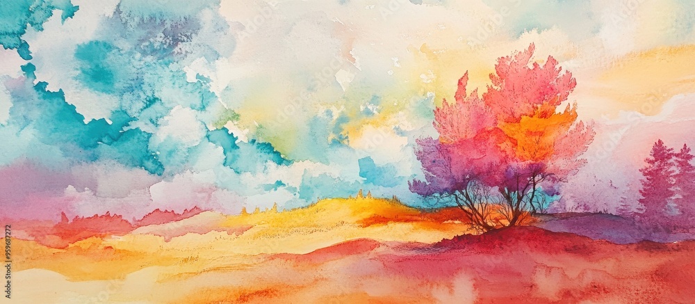 Fototapeta premium Vibrant Sunset Landscape in Watercolor: A Serene Abstract Nature Scene