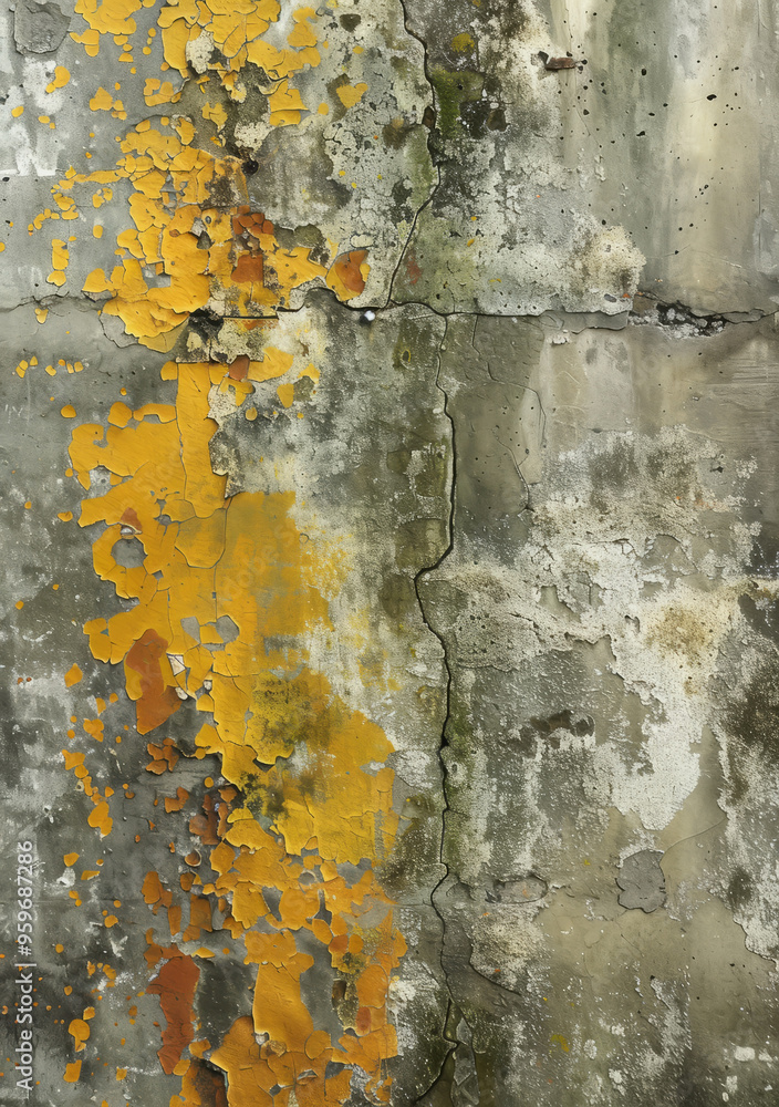 Fototapeta premium Concrete wall, aged with lichen spots, earthy yellow and green shades.