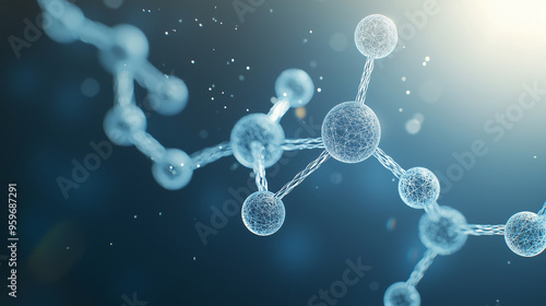 detailed, futuristic background featuring a chain of chemical atoms, symbolizing molecular chemistry and DNA research. Ideal for visuals related to biotechnology, medical cell stru photo