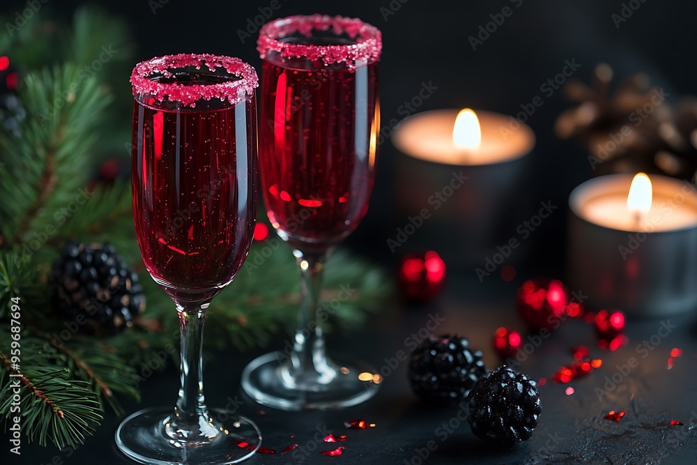 Two glasses of blackberry champagne cocktail with a pink sugar rim, pine branches, and small white berries on the table Two glasses of blackberry champagne cocktail with a pink sugar rim, pine branches, and small white berries on the table