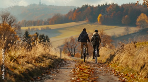 A couple is cycling through a countryside surrounded by rolling hills and vibrant autumn colors photo