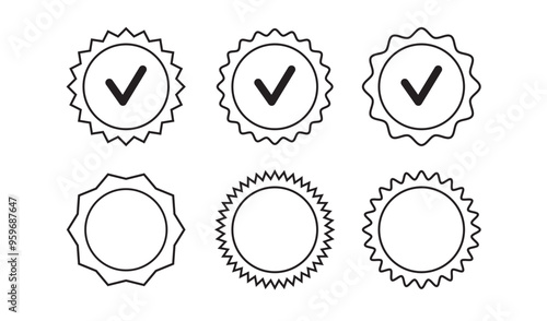 Circle tick seal wavy stamp line icons. Vintage edge circle sticker. Star burst outline shape isolated tags.