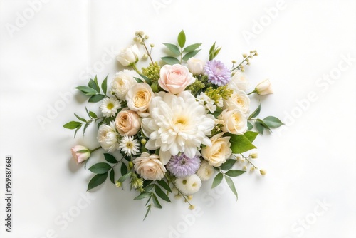 Elegant floral arrangement with white peony and pastel roses on a white background