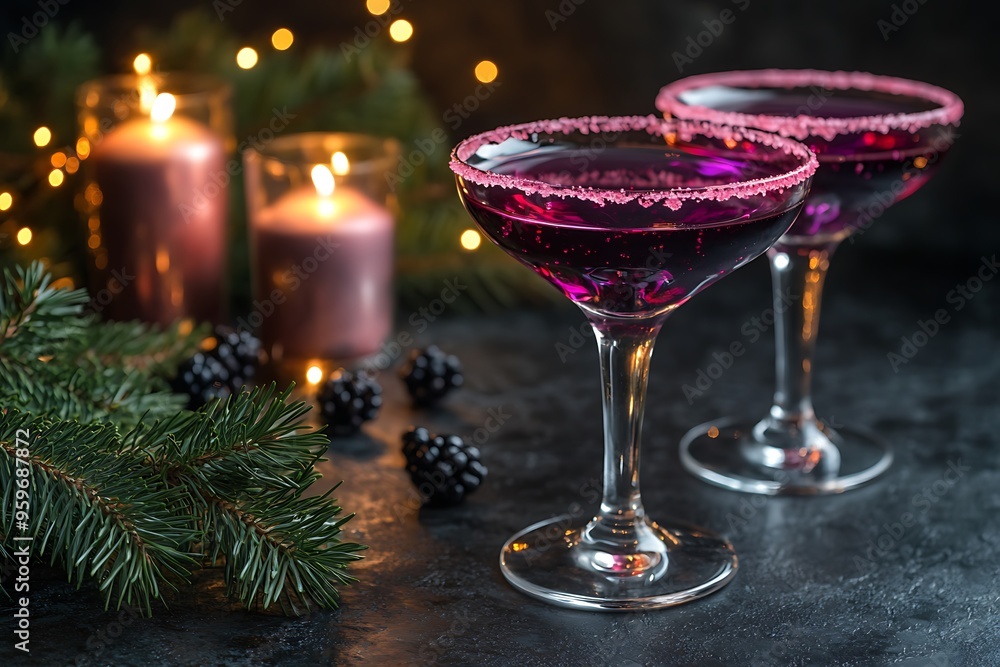 Two glasses of blackberry champagne cocktail with a pink sugar rim, pine branches, and small white berries on the table Two glasses of blackberry champagne cocktail with a pink sugar rim, pine branches, and small white berries on the table