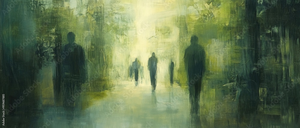 Abstract oil painting depicting a blurred scene of figures moving in a hallway with a verdant garden visible in the background ideal for various applications Abstract oil painting depicting a blurred scene of figures moving in a hallway with a verdant garden visible in the background ideal for various applications