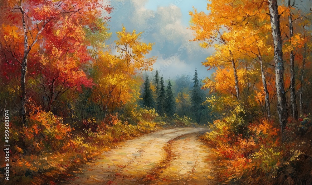 Fototapeta premium Oil painting depicting an autumn landscape with a scenic forest road and colorful foliage along the pathway