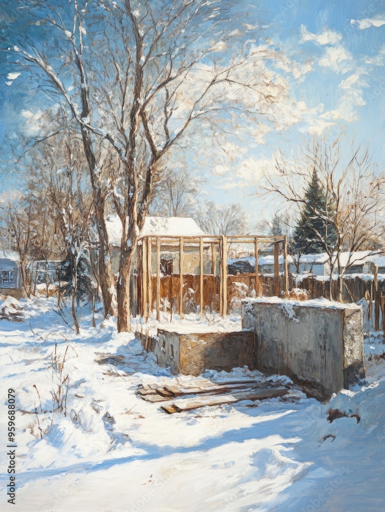 Oil painting depicting a winter scene of a concrete foundation being prepared for a house construction project Oil painting depicting a winter scene of a concrete foundation being prepared for a house construction project