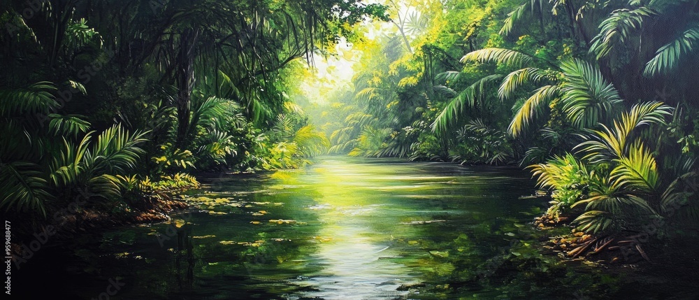 Oil painting depicting a serene river amidst lush tropical rainforest showcasing a vibrant and picturesque ecosystem Oil painting depicting a serene river amidst lush tropical rainforest showcasing a vibrant and picturesque ecosystem