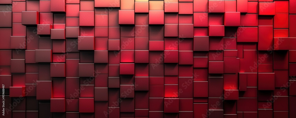 Deep 3D red squares pattern, gradient lighting, shadow interplay, metallic sheen. Abstract and Minimalistic Design Backgrounds Deep 3D red squares pattern, gradient lighting, shadow interplay, metallic sheen. Abstract and Minimalistic Design Backgrounds