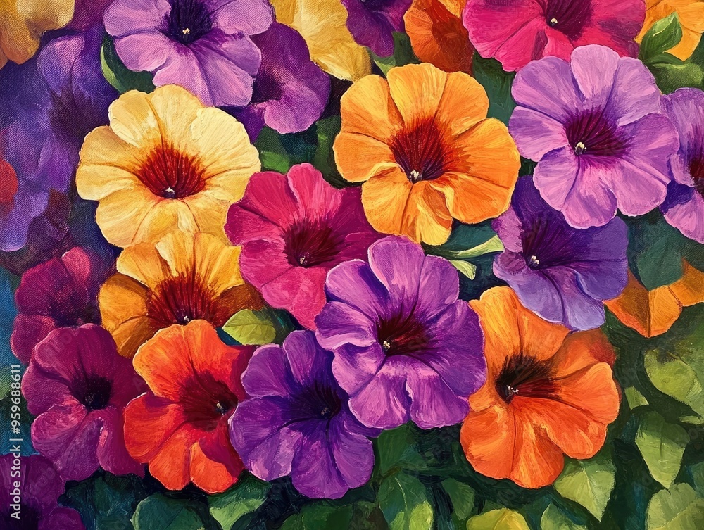 Close up oil painting of Petunia Duo Double featuring vibrant blooms in a garden setting Close up oil painting of Petunia Duo Double featuring vibrant blooms in a garden setting