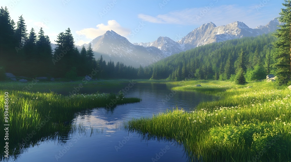 Fototapeta premium Majestic Mountainous Landscape Reflected in Serene Lake in Tranquil Forest Setting