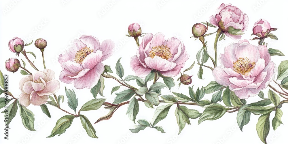 Elegant Botanical Illustration of Peonies in Soft Pink Hues Elegant Botanical Illustration of Peonies in Soft Pink Hues