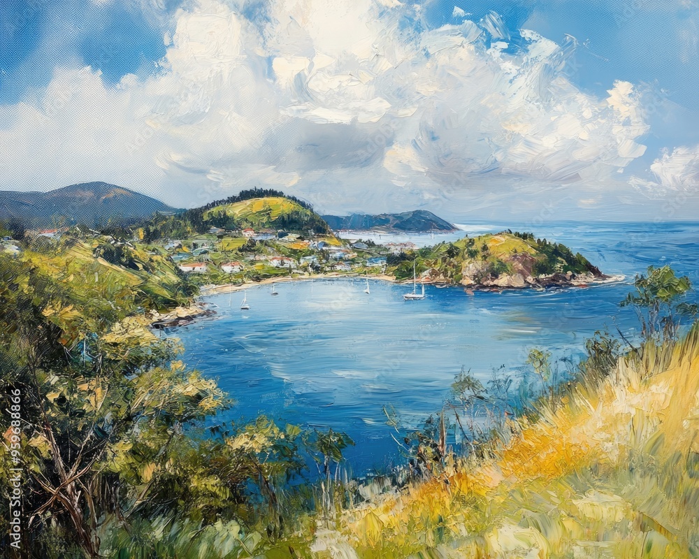 Obraz premium Oil painting capturing a panoramic view of a picturesque bay showcasing the beauty of coastal landscapes and serene waters