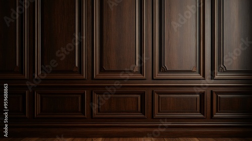 Dark brown wood paneling with intricate moldings and a wooden floor.