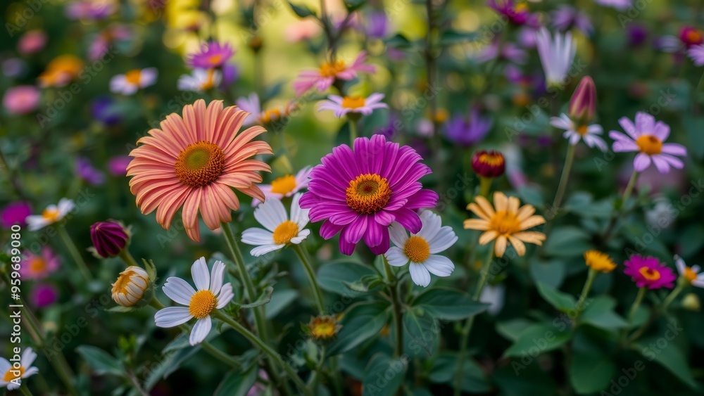 Colorful wildflowers bloom in a lush garden. Colorful wildflowers bloom in a lush garden.