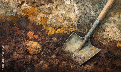 Oil painting depicting a garden excavation with a shovel embedded in rich soil showcasing the textures and colors of the earth