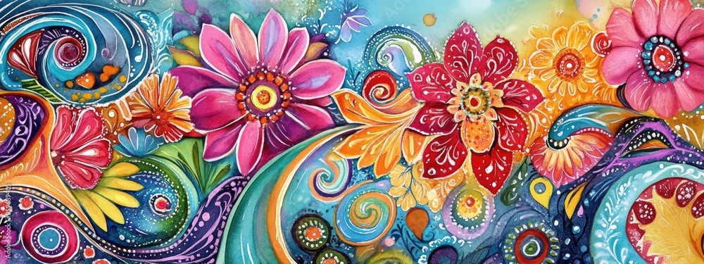 A Vibrant Floral Artwork Featuring Whimsical Blooms and Swirling Colors A Vibrant Floral Artwork Featuring Whimsical Blooms and Swirling Colors