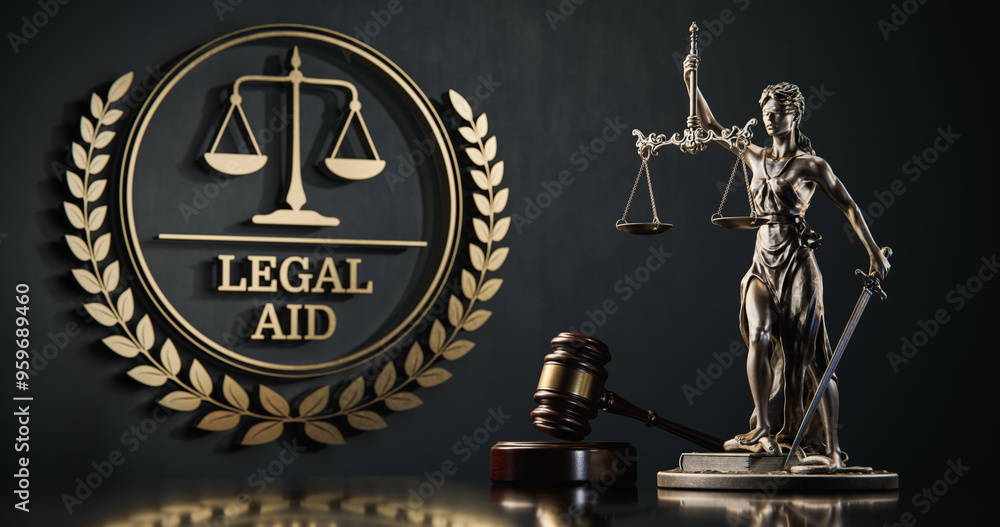 Legal AID: Themis and judge's gavel in the background of a golden icon with scales and text Legal AID: Themis and judge's gavel in the background of a golden icon with scales and text