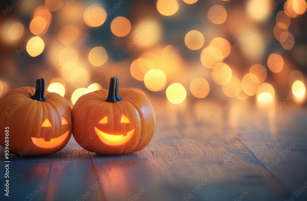 Shiny Halloween pumpkins with glowing faces on a rustic wooden table against a blurred autumn background, spooky jack-o'-lanterns, festive seasonal decor, eerie fall scene with atmospheric light Shiny Halloween pumpkins with glowing faces on a rustic wooden table against a blurred autumn background, spooky jack-o'-lanterns, festive seasonal decor, eerie fall scene with atmospheric light
