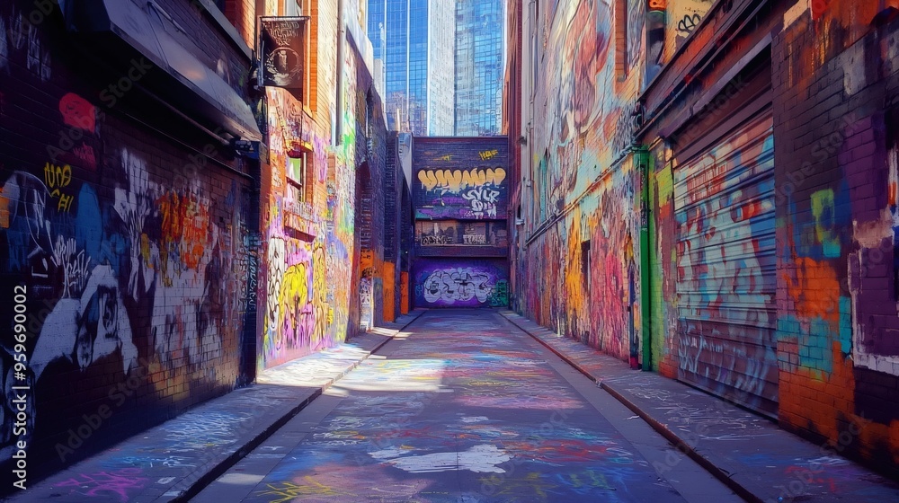 Fototapeta premium Narrow alleyway with graffiti covered walls and a sunlit walkway.