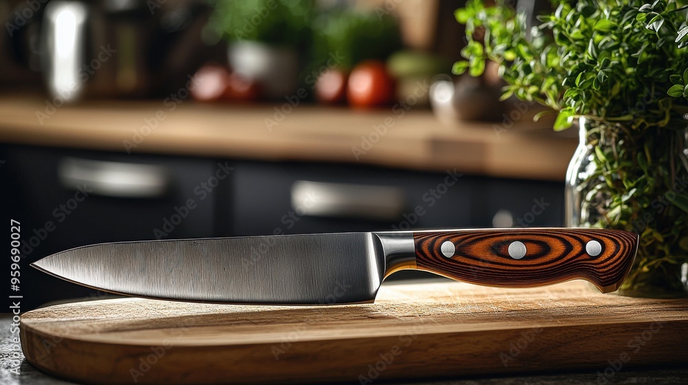 Obraz premium Close-up of a knife resting on a cutting board in a rustic kitchen setting