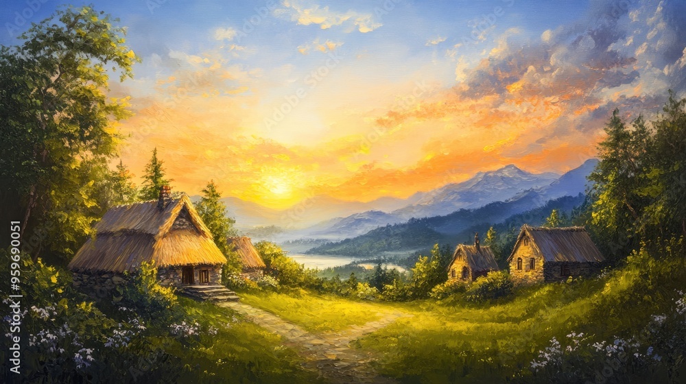 Fototapeta premium Oil painting depicting a stunning summer sunrise with traditional turf top houses in a picturesque countryside setting Ideal for travel and nature themes
