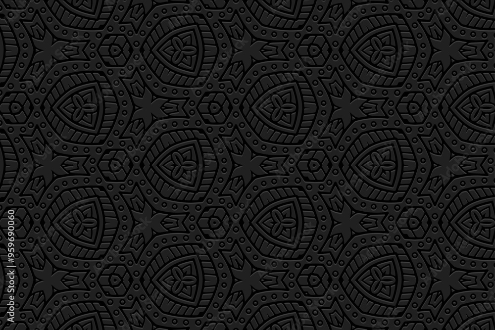 Ethnic black background, tribal cover design, banner. Geometric unique 3D pattern. Embossed ornaments, boho. Traditions of the East, Asia, India, Mexico, Aztec, Peru in handmade style. Ethnic black background, tribal cover design, banner. Geometric unique 3D pattern. Embossed ornaments, boho. Traditions of the East, Asia, India, Mexico, Aztec, Peru in handmade style.